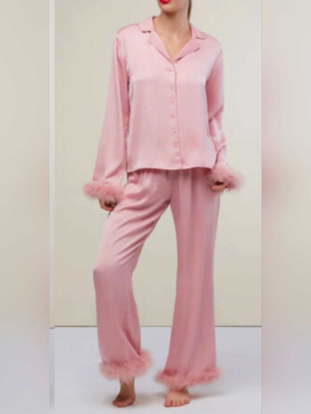 Rachel Parcell Luxury Pink Feather-Trim Pajama Set
